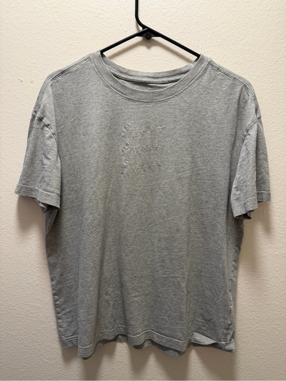 Nike Grey Short-Sleeve Crewneck Loose Fit T-Shirt with Rhinestone Swoosh